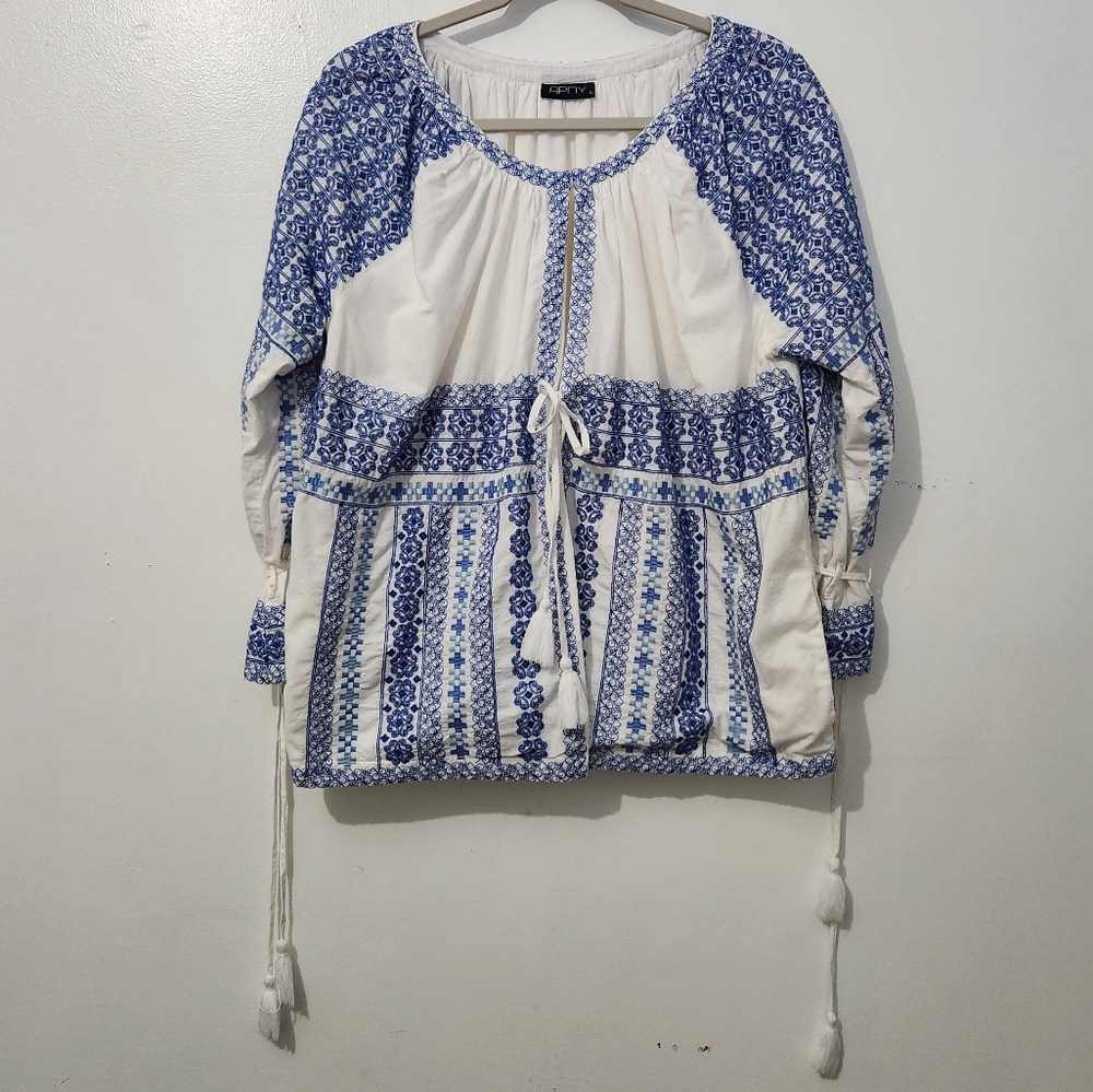 Apny Lg Jacket Cover Up  Floral Embroidered Greek Inspired Blue White 3/4 Sleeve